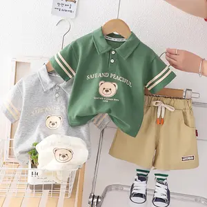 2024 Summer Boy Outfit Polo Short Sleeve Shirt Bear Printed Shorts 2pcs Toddler Boys Clothing Sets Soft Boy Child Clothes 80-120