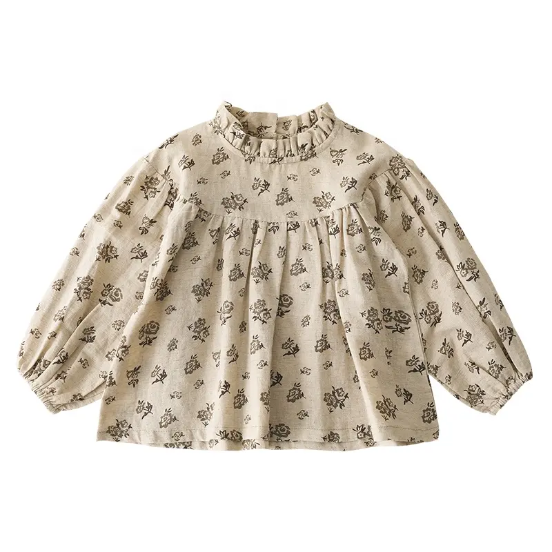 T-shirt spring children's fashion sweater undershirt kids Floral blouse baby girl top linen fabric puff long sleeve