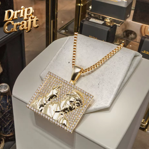 Hip-hop vuông chân dung Mặt dây chuyền cổ điển hip-hop phong cách mạ vàng đầy đủ Kim Cương Zircon Vòng cổ - Product Image 6