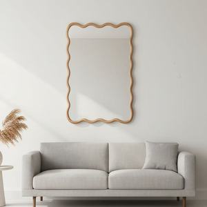 Natural Wood Color 20x30 Wavy <b>Rectangle</b> Solid Wood Frame Decorative <b>Mirror</b> <b>For</b> Bedroom Bathroom Living Room Entryway - Product Image 3