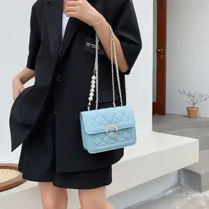 Koreanische Mode PU Frauen Mahjong Bgas Brieftasche Leder Weiß Single Shoulder Umhängetasche mit Pearl Beads Kette