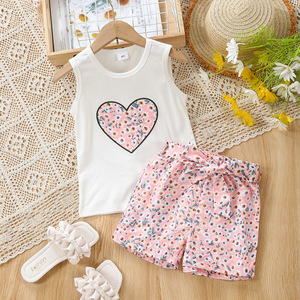 ชุดเสื้อผ้าเด็กผู้หญิงลายดอกไม้รูปหัวใจสำหรับฤดูร้อน ชุดเสื้อผ้าเด็กผู้หญิงอายุ 2-7 ปี สไตล์หวานน่ารักยอดนิยม - Product Image 3