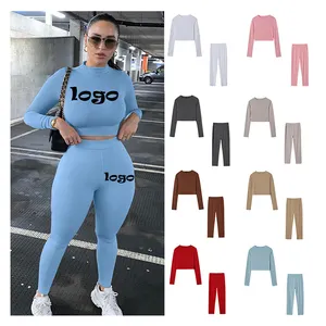 New Design Customize Logo Casual New Solid Color Fit Tight Slim Long Sleeve Pants Sports Leisure Suit Women 2Pcs Clothing Set