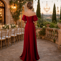 Robe de soirée sur mesure bordeaux, coupe trapèze, épaules dénudées, avec fleurs 3D, col choker, manches drapées, longueur ras du sol, vente en gros