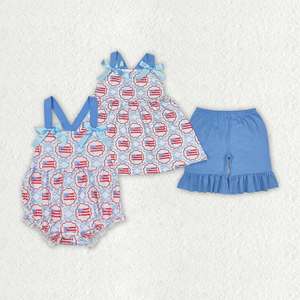 Vente en gros d'usine : Tenues pour enfants du 4 juillet, barboteuse à imprimé drapeau américain et ensemble 2 pièces - Product Image 1