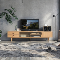 Meuble TV moderne en bois massif avec portes coulissantes en verre, console multimédia multifonctionnelle pour salon et hôtel