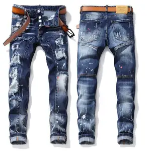 AeeDenim wholesale OEM LOGO stretch hole brand paint stretch small straight pants hole patch denim men's brand trousers