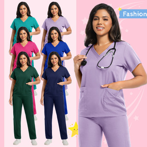 Nurse Uniform Set Solid Color Short Sleeve Long Pants Two Piece Scrub Women Moisture Wicking Hospital Workwear - Product Image 1
