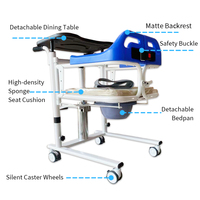 Chaise de transfert hydraulique bleu foncé avec accoudoirs et dossier, fonction toilette, pour personnes âgées et handicapées en réadaptation
