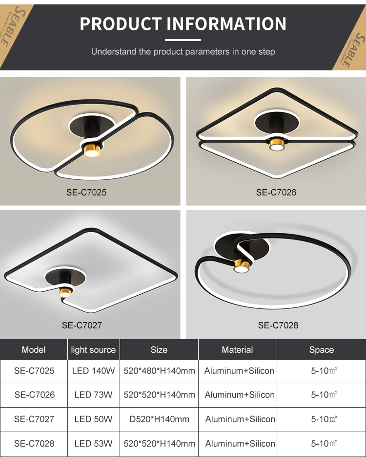 Long Term Use Indoor Fashion Decoration Black Aluminum Bedroom Living Room Modern LED Ceiling Lamp