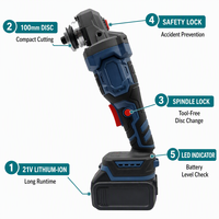 Amoladora Angular Inalámbrica XINRONG de 21V |   Herramienta Inalámbrica de Corte y Pulido a Batería de 100 mm |   Indicador LED de 8000 RPM, Diseño Compacto