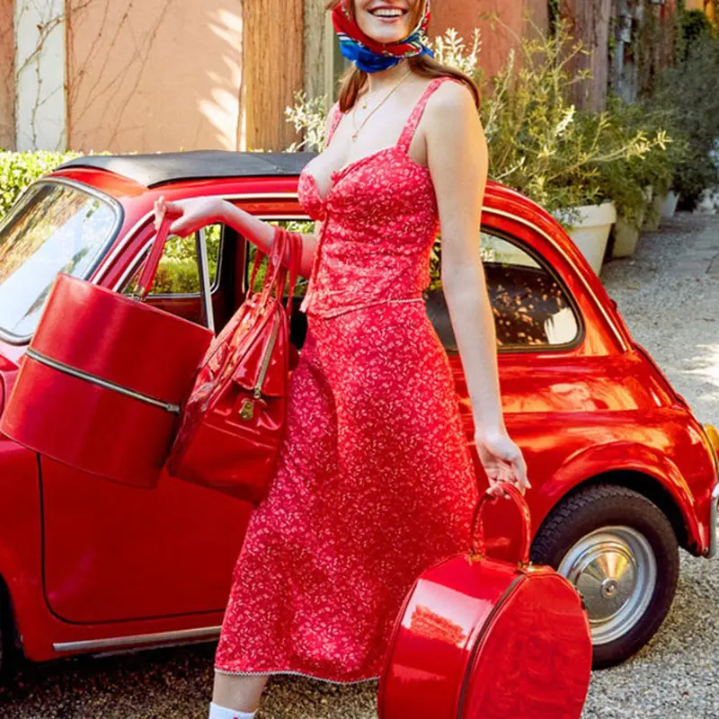 女性のプリント赤いベストトップスツーピースセットセクシーなキャミソール背中の開いたカーディガンロングスカートセット女性の甘いカジュアルドレス