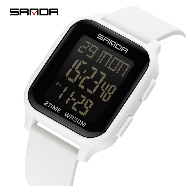 SANDA Luxury Sports Wristwatch for Youth Students Black Digital Rectangular Dial Waterproof Multifunctional Sports Fashion Watch