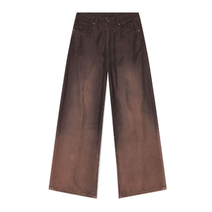 Pantalones largos holgados de mezclilla para hombre con logo personalizado, de tiro bajo, pierna ancha, en tejido negro con efecto degradado marrón decolorado y teñido de nuevo. - Product Image 5