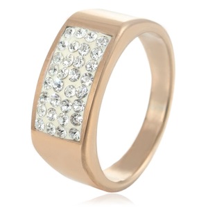yunnique Rose Gold <b>Titanium</b> Steel Rectangular <b>Ring</b> With Pave Set White Stones Women's Fashion Jewelry Party Accessory - Product Image 1