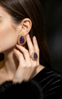Ensemble de bijoux esthétique Dark Coquette, boucles d'oreilles et bague audacieuses en résine violette avec bordure en dentelle, plaqué or 18 carats, unisexe, cadeau tendance pour les fêtes