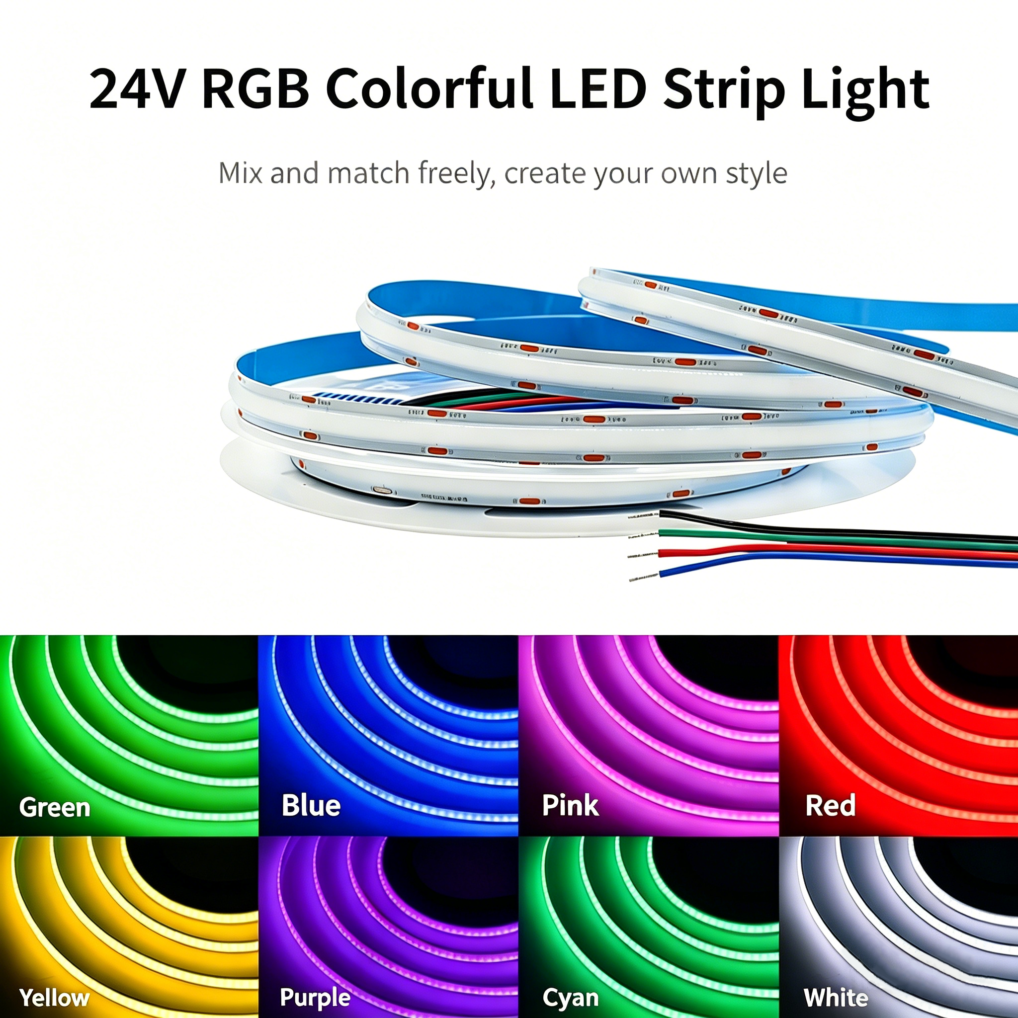 COB LED Strip Light 768 LEDs RGB DC24V for Home Commercial Use Save Electricity Long Lifespan 50000H 3 Years Warranty