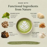 Latte au Matcha aux 5 Champignons (Crinière de Lion, Cordyceps, Chaga, Maitake) avec Crème Végétale pour la Calme, la Concentration et la Vitalité Naturelle