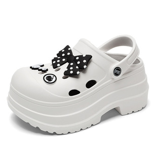 White Thick Sole Clogs <b>With</b> Black Polka Dot <b>Bow</b> Women's Fashion Summer <b>Shoes</b> 9cm Heel Height Crocs Style - Product Image 5