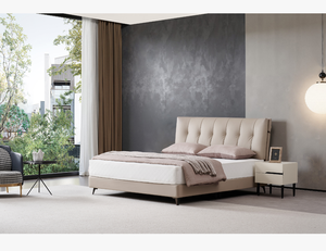 Vertical Channel Tufted Claw Cloth Adjustable Soft <b>Bed</b> Midcentury Modern Beige Platform <b>Frame</b> for Home Bedroom - Product Image 1