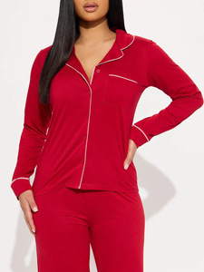Ensemble de pyjama en viscose pour femmes, chemise à <span class=keywords><strong>manches</strong></span> <span class=keywords><strong>longues</strong></span>, pantalon droit, style décontracté, couleur unie, doux et confortable - Product Image 2