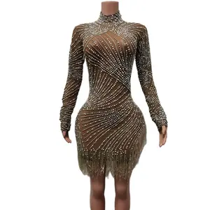 Sexy Mesh Sequins Tassel Dinner Gown Ladies Birthday Party Bodycon Dress Large Size Pearls Rhinestone Banquet Evening Dresses