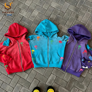 OEM Custom High Quality Distressed Boxy Rhinestone 500 Gsm Heavyweight Oversized Acid Wash <b>Zip</b> 3D Puff Printing Men's <b>Hooded</b> - Product Image 1