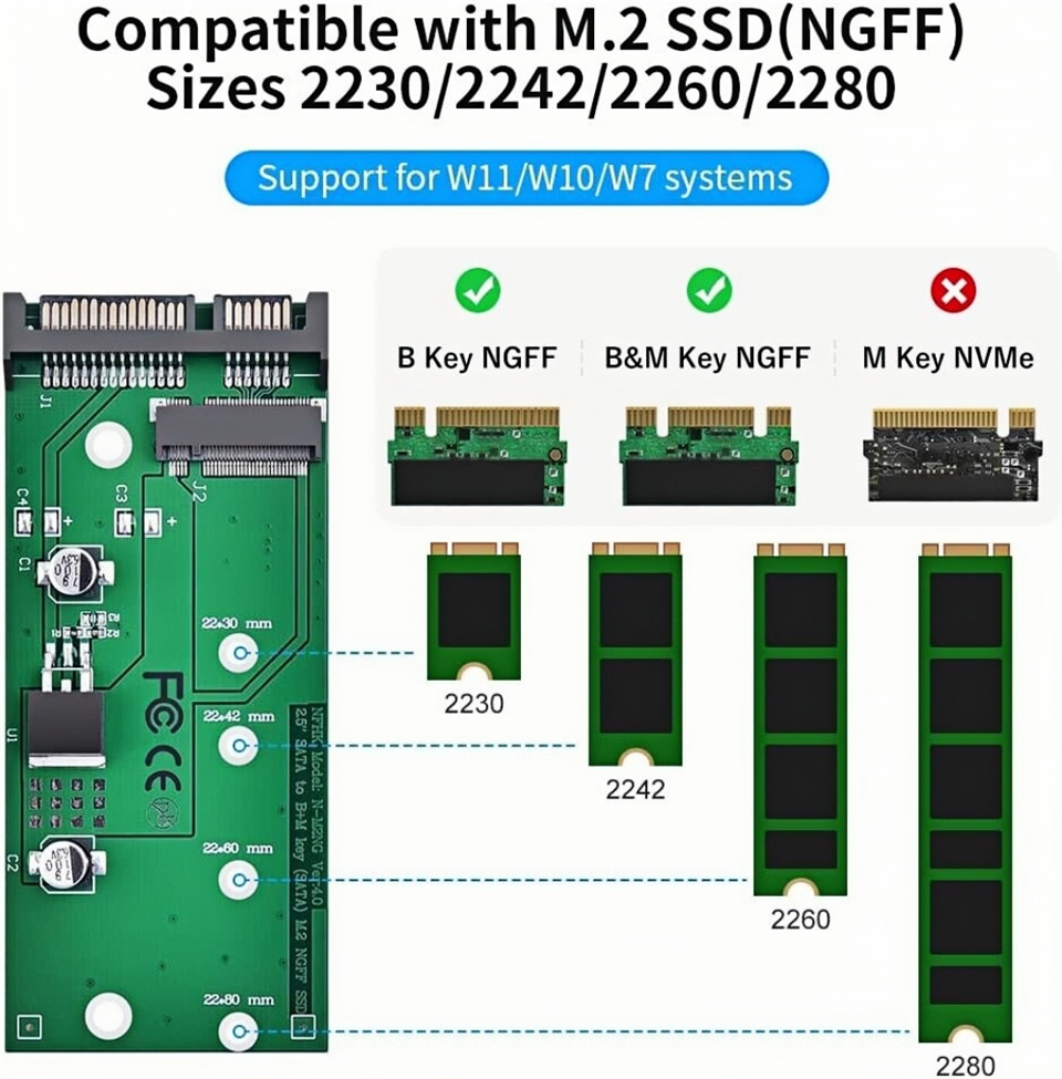 Adattatore NGFF (M.2) A SATA 3.0 – Scheda Convertitore Orizzontale Con Cavo Alimentazione, Fino A 6 Gb/s, Per SSD 2242/2260/2280