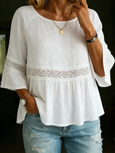 Wholesale Women Clothes New Solid Color Round Neck Hollowed Out Casual <b>Top</b> With Lace <b>Patchwork</b> Shirt - Product Image 6