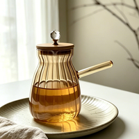 Théière en verre borosilicate ambré compatible induction avec poignée latérale, bouilloire à eau côtelée pour thé en vrac