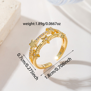 Anello Bypass Placcato Oro Glamour e Splendente, Doppio Fascio con Sei Stelle, Tre Pavé e Tre Lisci Sfalsati, Gioiello da Donna Brillante, Idea Regalo - Product Image 2