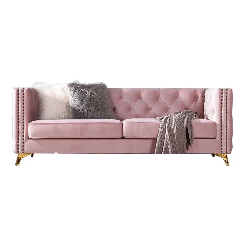 Ensemble de 3 canapés tubrés en velours de couleur rose, style campagnard moderne, pour salon