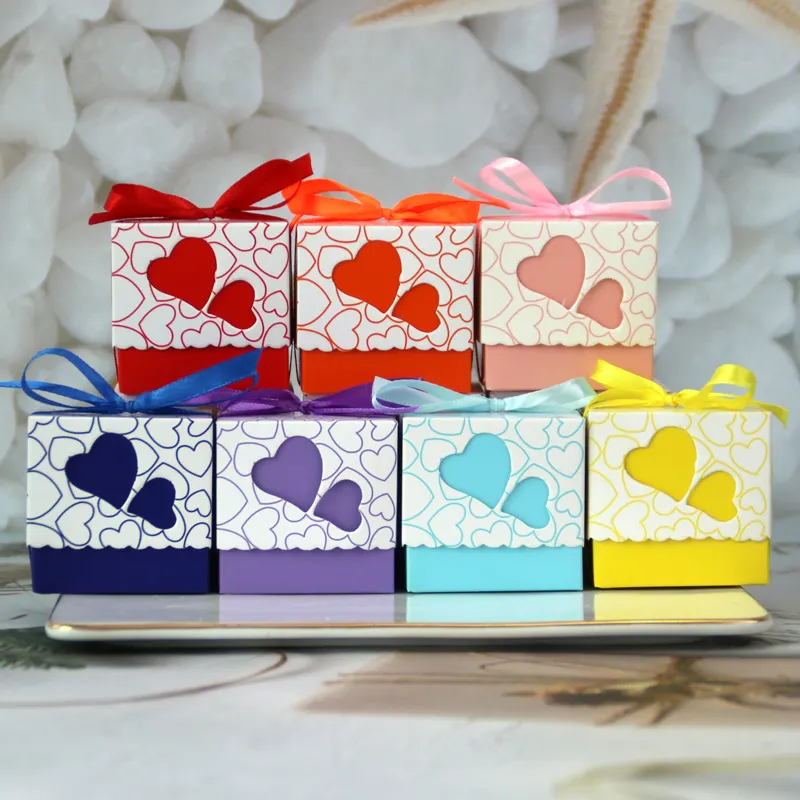 Çift kalp şekli tasarım Kraft kağit kutu düğün parti için bebek duş hediye kutusu şeker çikolata ambalaj kutusu