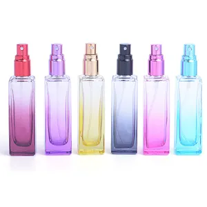 Garrafas de perfume vazias coloridas de baixo amostra, para venda, frasco quadrado de vidro transparente para perfumes