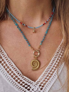 Collier ras du cou en turquoise véritable pour femme, bijoux cadeau, pierre naturelle bleue, perles, breloque poisson en céramique, plaqué argent/or, étanche - Product Image 1