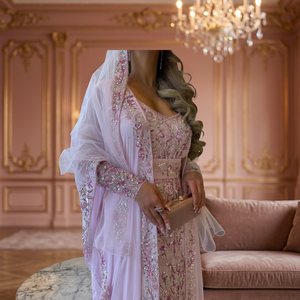 Vestido Kaftan Jalabiya de lujo bordado a mano con perlas y lentejuelas y Sheila a juego para mujer - Product Image 4