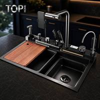 Évier de cuisine en acier inoxydable 304 noir nano fait main avec robinet cascade, planche à découper, support de téléphone et LED cUPC