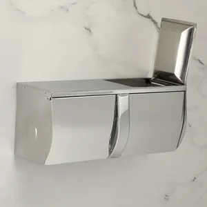 Accessori per Bagno d'Hotel, Portarotolo Doppio da Parete in Acciaio Inox SUS304 con Vassoio <span class=keywords><strong>e</strong></span> Coperchio - Product Image 1