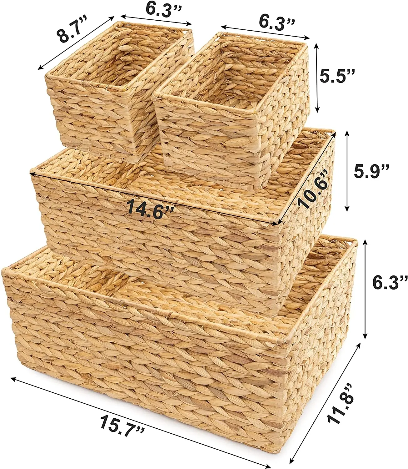 Water Hyacinth Storage Baskets for Shelves Pantry Bathroom Vanity Decorative Rectangular Wicker Basket for Organizing Bins