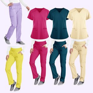 Women's Medical Scrub Set Short Sleeve V Neck Top And Pants Moisture Wicking Hospital Uniforms Rose Red Apricot Yellow Deep - Product Image 2
