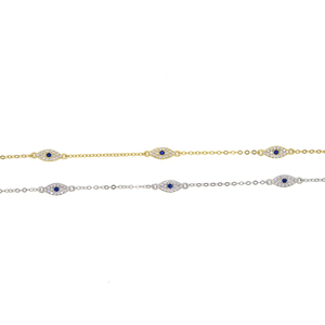 Pulseras de la Suerte Adorables con Cadena Delicada y 3 Dijes de Ojo Turco Chapados en Oro con Circonitas Cúbicas Blancas y Azules - Product Image 4