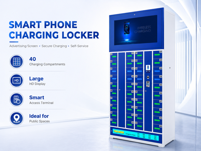 40 Door Smart Phone Charging Locker Advertising Screen Self Service Wireless Charging Station Cabinet Mall Airport Public Area