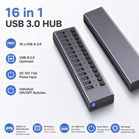 16 Portlu Güçlendirilmiş USB 3.0 Hub, 5Gbps, 16x USB-A, Ayrı Ayrı Anahtarlı, Veri ve Şarj İçin Alüminyum Çoklu Portlu Hub