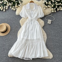 Robe décontractée mi-longue pour femme, coupe trapèze, à manches bouffantes, brodée, ceinturée, avec col à revers transparent, pour le quotidien et les soirées