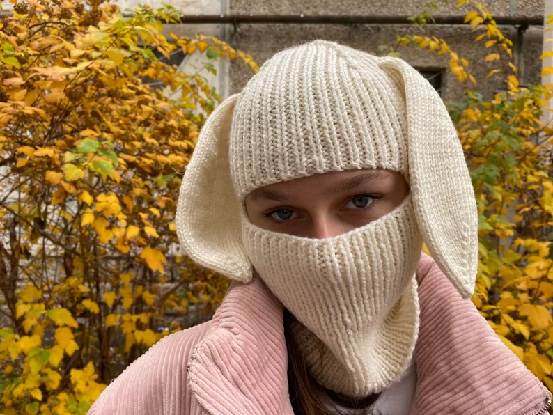Y-Z Custom Bunny Ears Skimask Balaclava Beanie Hat Knit