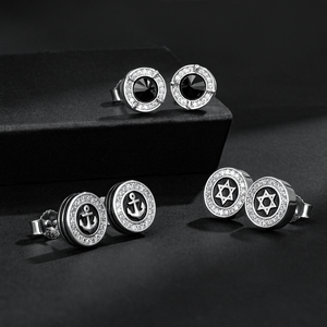 Boucles <span class=keywords><strong>d</strong></span>'oreilles Hip Hop pour Homme, plaqué or 14 carats, avec clous à pointes noirs, zircone cubique ronde, croix, ancre, étoile, style Iced Out, zircone cubique 5A - Product Image 1