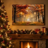 Tableau LED sur toile, Forêt d'automne avec lampadaire, 30x40cm, encadré, Décoration de table avec lumière chaude, Cadeau de Noël