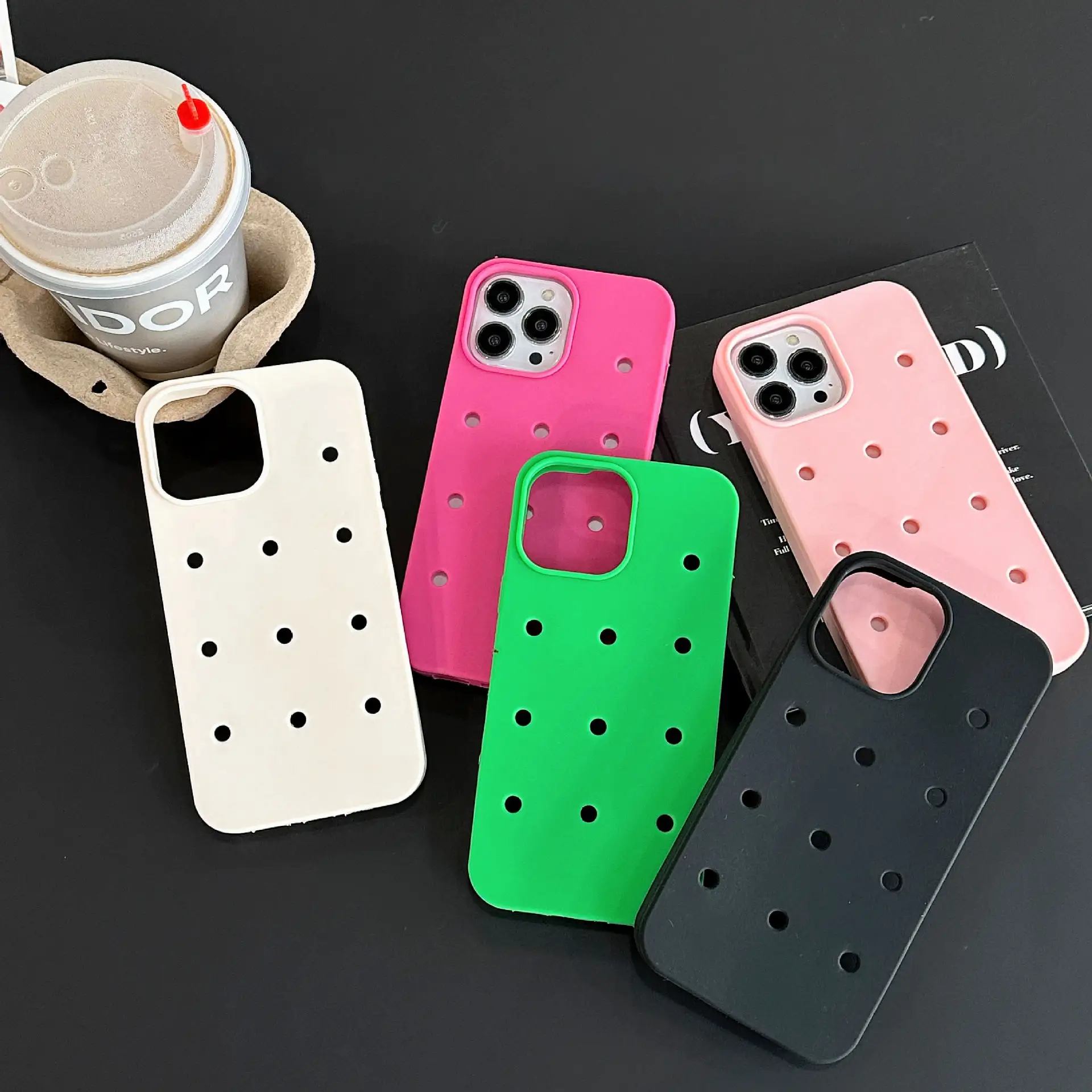 DIY Cartoon Buckle Hole Shell Phone case Fashion Silicone Phone Case Cover For iPhone 15 14 13 12 11 Pro Max Plus