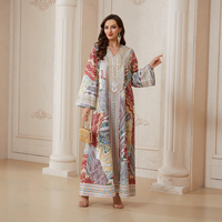Robe longue vintage à imprimé floral en polyester respirant pour femme, col en V, manches longues, style ethnique ample, abaya pour tous les jours
