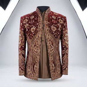 Heavy Zari Embroidery on Maroon Sherwani,kurta & <b>Pant</b> Dress with Men's Suits & Blazer >Men's Suits - Product Image 4